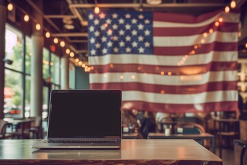 Patriotic Productivity Laptop in Urban Coffee Shop with USA Flag. laptop in a restaurant with USA flag