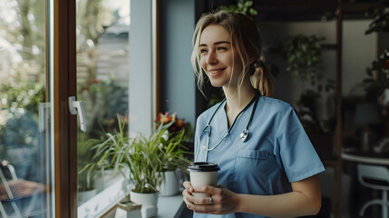 Female nurse enjoying cup of coffee at home after work, standing by window. Morning tea before work. Work-life balance for healthcare worker.