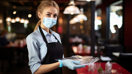 Young waitress wearing medical face mask and gloves Generative AI