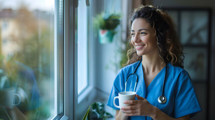 Female nurse enjoying cup of coffee at home after work, standing by window. Morning tea before work. Work-life balance for healthcare worker.