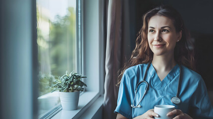 Female nurse enjoying cup of coffee at home after work, standing by window. Morning tea before work. Work-life balance for healthcare worker.