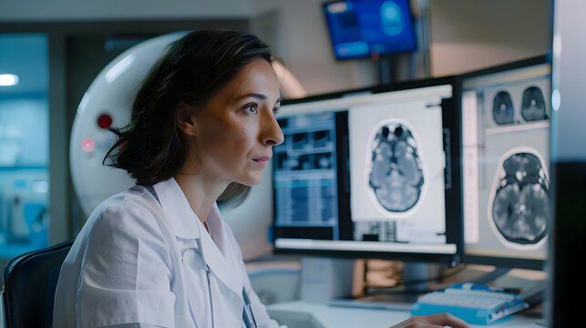 female doctor working on computer in doctors office. medical researcher looking at an examining a brain san on a computer and ct scans.