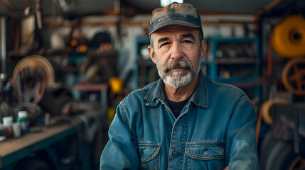 Portrait of attractive confident male auto car mechanic working in Car Service standing in front of car workshop. Working portrait concept