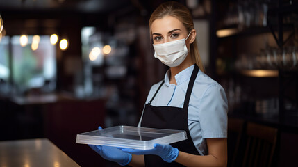 A waitress wearing a medical mask and holding a plate Generative AI