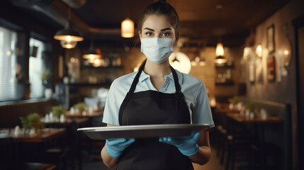 A young waitress wearing a mask holding a tray in the background of a restaurant Generative AI