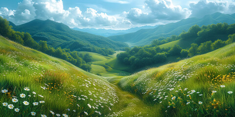Green hills covered with a soft veil of grass and flowers, like giant valencies of nat - obrazy, fototapety, plakaty