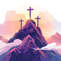 Three crosses on the top of the mountain at sunri - obrazy, fototapety, plakaty