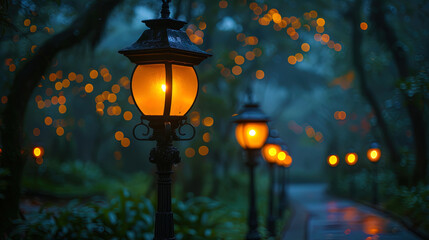 Lighting lamps scattering soft light, like lights in the darkness, leading to sa