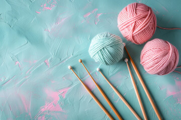 Knitting needles and yarn on pastel background. Generative AI