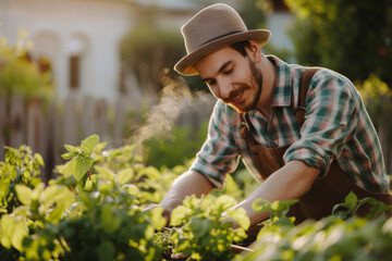 Man gardening spices on his backyard. Generative AI