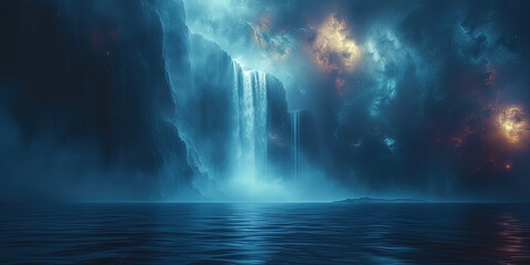 Magic cosmic waterfalls and lakes, like sources of life in the lifeless emptiness of the cos
