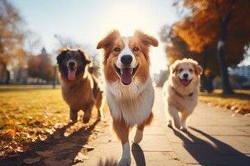 Professional dog walking services. expert dog walker with various breed and rescue dogs in city park