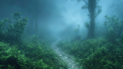 Fototapeta na wymiar Mystical jungle with foggy paths and hidden dangers, like a test for researche