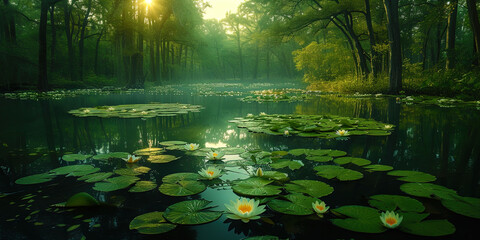 Mystical swamps, dotted with old trees and floating lilies, like a place where magic and miracles