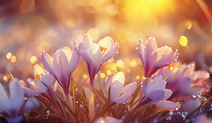 Beautiful violet crocus flowers growing, the first sign of spring. Seasonal sunny Easter background.