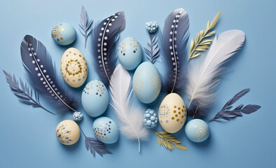 huevos de pascua de diferentes tamaños pintados y decorados sobre plumas de colores blancas,...