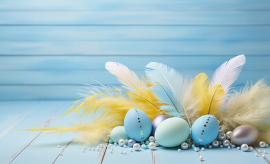 huevos de pascua sobre superficie azul de diferentes tamaños pintados y decorados,  junto a plumas...
