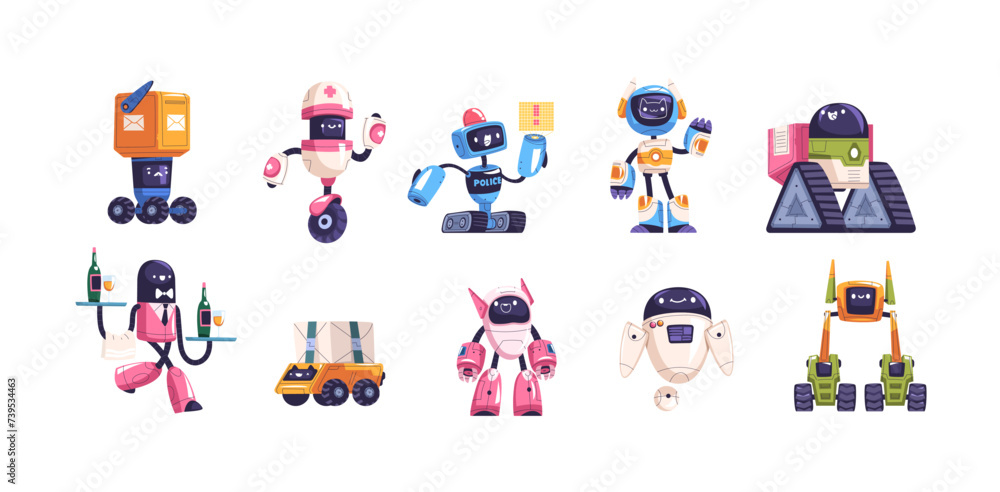 Poster droid characters. cartoon game robots, cyber monster space android retro or futuristic robot mascot,
