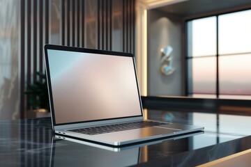 Sophisticated Front Desk Workspace Sleek Laptop Screen Mockup. laptop in the office