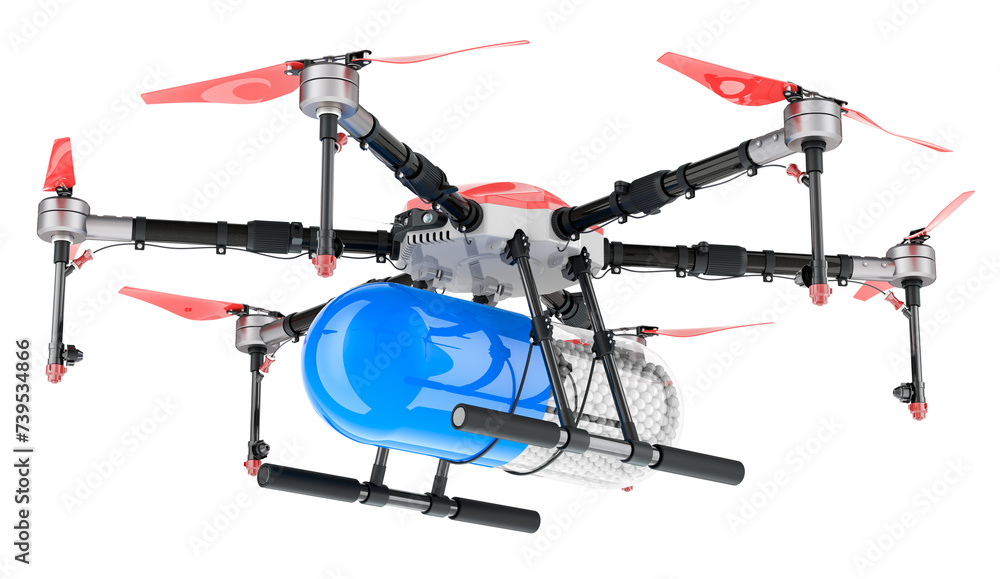 Poster delivery drone with medicament capsule, 3d rendering isolated on transparent background