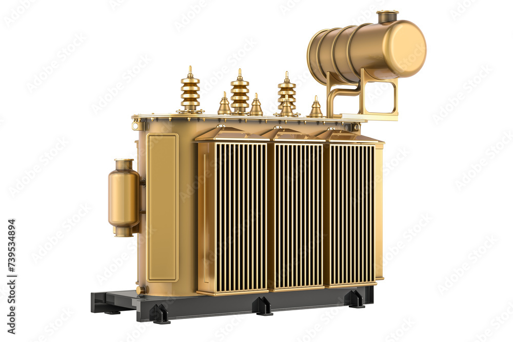Poster golden transformer oil, high voltage power transformer. 3d rendering isolated on transparent backgro