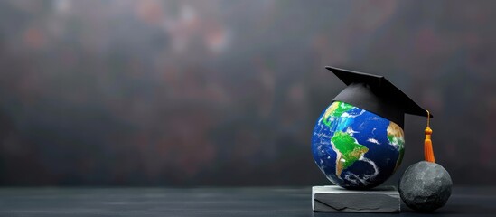 Concept of global business study, Graduation cap with Earth globe