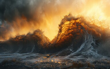 Fire in the waves of sea   - obrazy, fototapety, plakaty