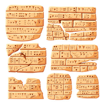 Cuneiform. Ancient inscription, old sumerian writing carving on stone or clay tiles, number symbol and texts babylonian language mesopotamia relic tablet recent vector illustration