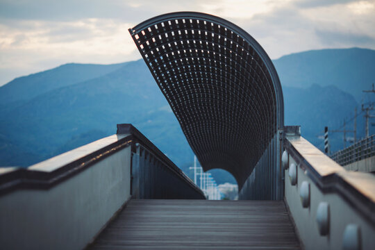 calm Pra canal - Voltri Genoa buffer zone. the marine and port environment of Genova Pra , ancient site of shipyards and today the port basin and harbor for boating. highway architecture.