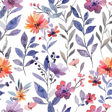 Vector pattern with flowers and plants. Watercolo