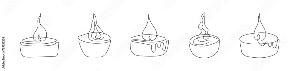 Wall mural set of tea light candles with flames. burning aromatic candles. continuous one line drawing. line ar - Wall murals