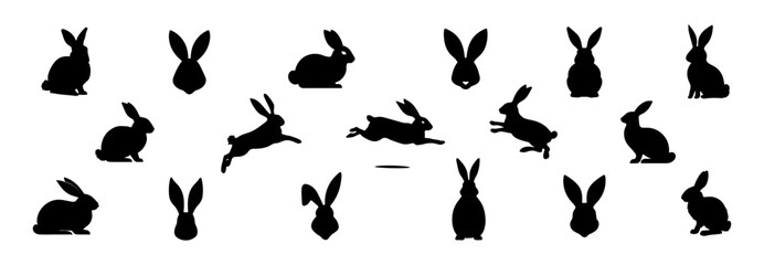 Set of Rabbit silhouettes. Easter bunnies. Isolated on a white backdrop. A simple black icons of hares. Cute animals. Suitable for logo, emblem, pictogram, print, design element for greeting card - obrazy, fototapety, plakaty