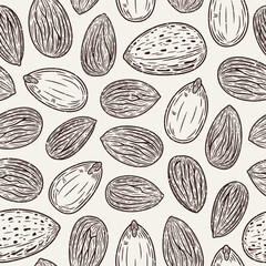 Vector almond hand-drawn seamless pattern or background. Almond kernels and shells