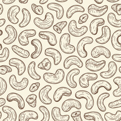 Vector cashew hand-drawn seamless pattern or background. Cashew kernels illustration
