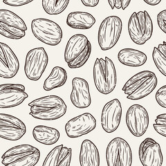 Vector pistachio hand-drawn seamless pattern or background. Pistachio kernels and shells illustration