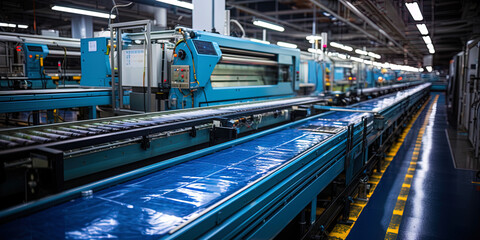 The conveyor lines that disappear in the future create a feeling of an endless flow of producti