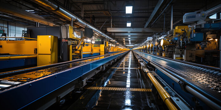The conveyor lines that disappear in the future create a feeling of an endless flow of productio