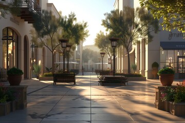 Tranquil Morning in Pedestrian Plaza Near Shopping Mall for Realistic Retail Mockup