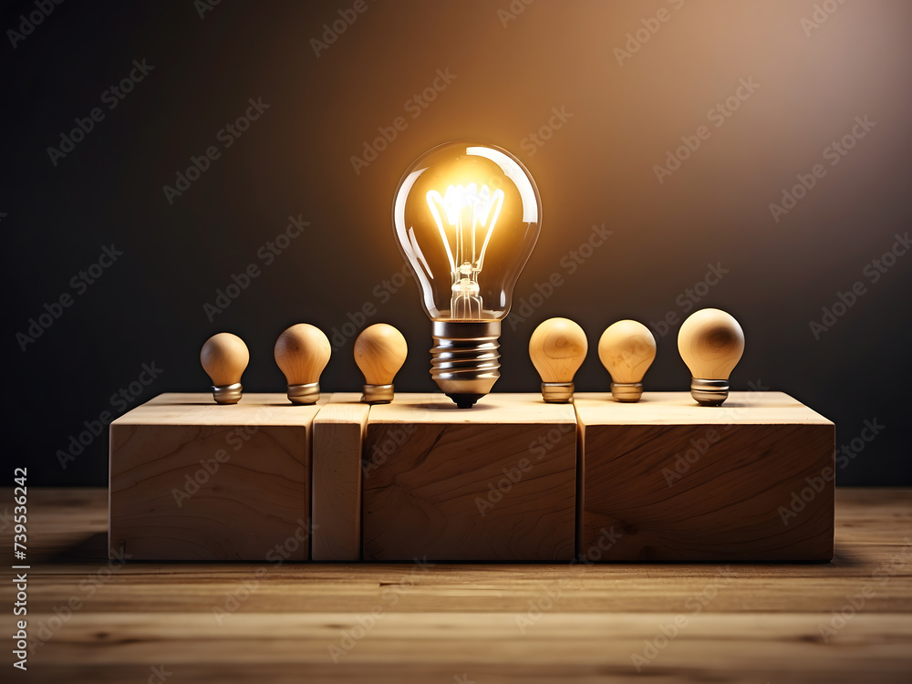 Poster idea loading concept on a wooden block with a lightbulb design. advancement and inventiveness for bu