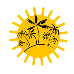 Logo sun and palm trees. Hello summer. hand drawing. Not AI. Vector illustration