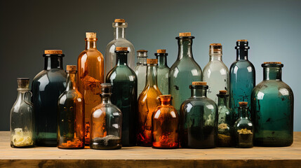 The ensemble of bottles of different sizes and shapes, streamlinedly moving along the tape, create