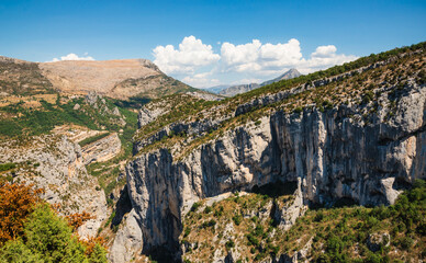 The Verdon Gorge canyon and Sainte Croix du Verdon in the Verdon Natural Regional Park, France. Panoramic view at sunny day. - obrazy, fototapety, plakaty