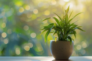 A vibrant houseplant thrives in its flowerpot, basking in the sunlight streaming through the window, adding life and color to the cozy indoor space