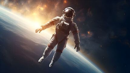 Fototapeta premium Floating astronaut in space with the sun behind him - Ai Generated