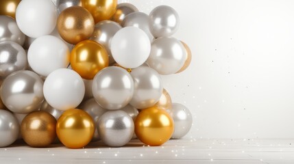 Fototapeta na wymiar Glam new years eve white gold background balloons disco balls confetti champagne glasses