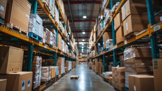 An orderly labyrinth of towering shelves housing endless inventory, the warehouse's dimly lit aisles beckon exploration and evoke a sense of industrious purpose