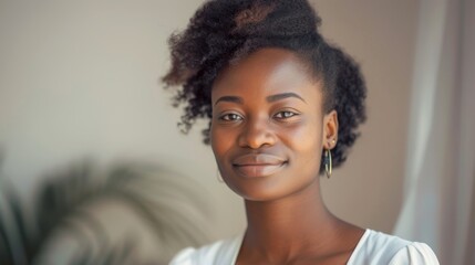 A stunning woman with a contagious smile, donning hoop earrings and a jheri curl, stands confidently against a wall, showcasing her natural beauty and stylish personality - obrazy, fototapety, plakaty