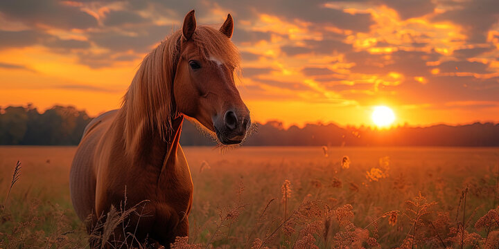 The majestic mare, which meets the sunset in the clearing, as if the embodiment of freedom and bea