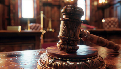 A wooden judge's gavel  on a desk in a court room, - obrazy, fototapety, plakaty