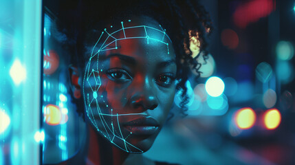 Facial recognition illustration concept. Black african american artificial intelligence user. AI generated - obrazy, fototapety, plakaty